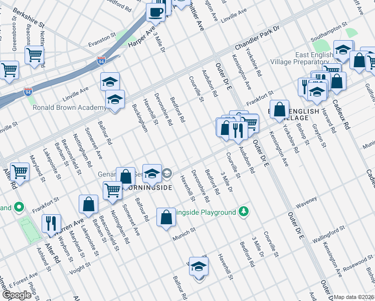 map of restaurants, bars, coffee shops, grocery stores, and more near 5027 Devonshire Road in Detroit