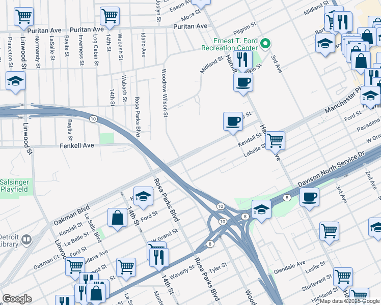 map of restaurants, bars, coffee shops, grocery stores, and more near 14100 Woodrow Wilson Street in Detroit