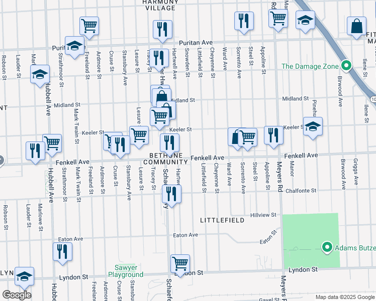 map of restaurants, bars, coffee shops, grocery stores, and more near 13339 Fenkell Avenue in Detroit