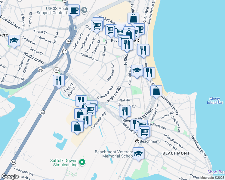 map of restaurants, bars, coffee shops, grocery stores, and more near 55 Campbell Avenue in Revere