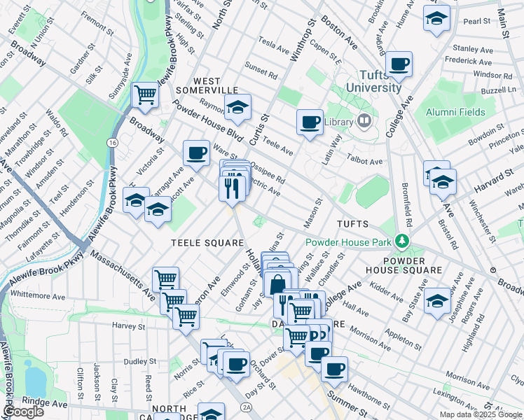 map of restaurants, bars, coffee shops, grocery stores, and more near 1060 Broadway in Somerville