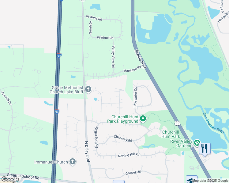 map of restaurants, bars, coffee shops, grocery stores, and more near 15860 Thornapple Lane in Gurnee