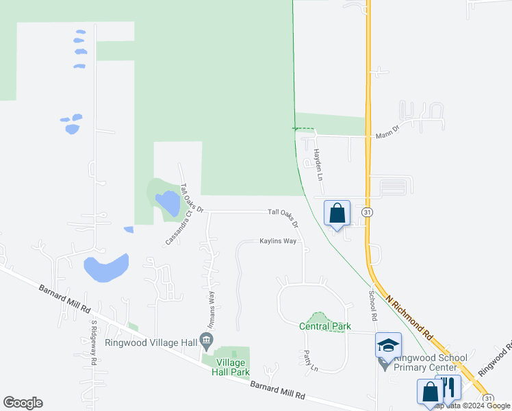 map of restaurants, bars, coffee shops, grocery stores, and more near 5118 Tall Oaks Drive in Ringwood