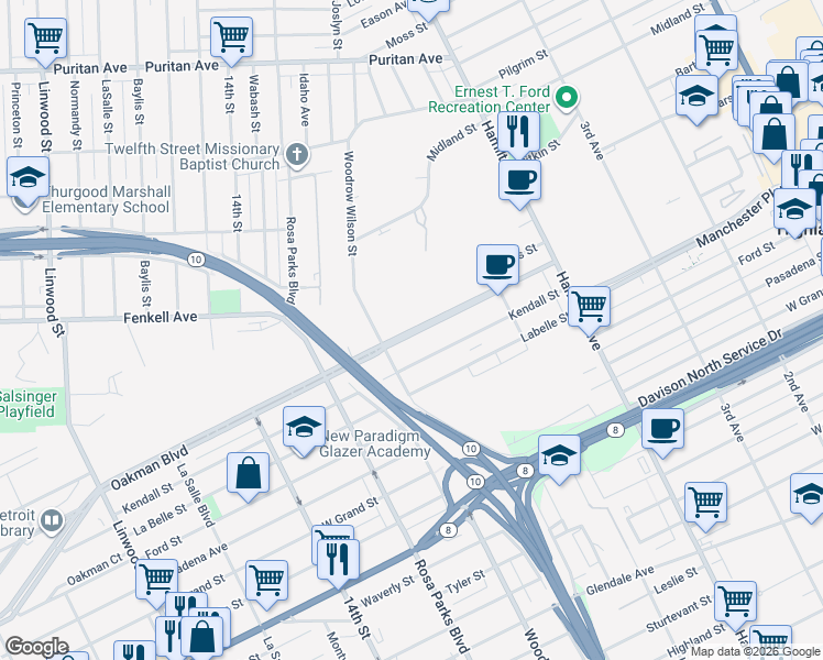 map of restaurants, bars, coffee shops, grocery stores, and more near 882 Oakman Boulevard in Detroit