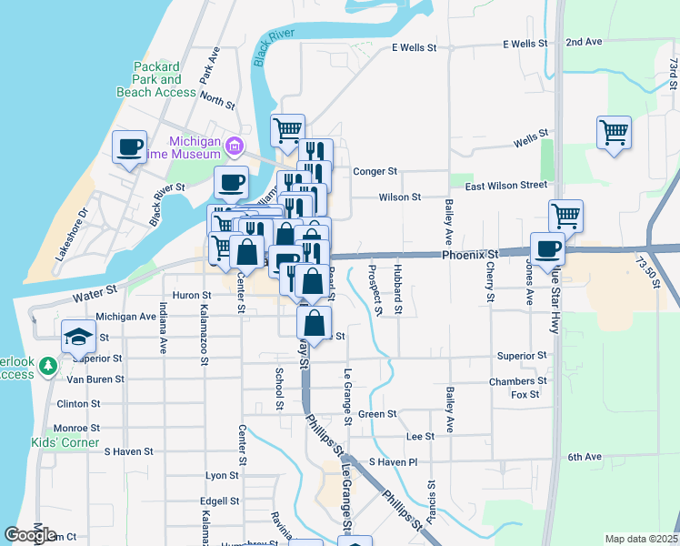 map of restaurants, bars, coffee shops, grocery stores, and more near 335 Pearl Street in South Haven