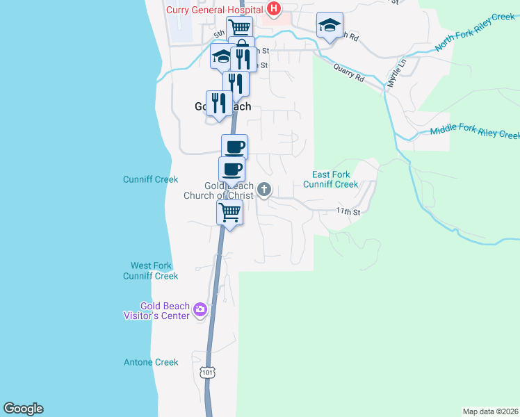 map of restaurants, bars, coffee shops, grocery stores, and more near 94191 Seaview Drive in Gold Beach