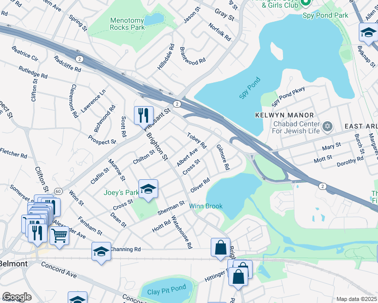 map of restaurants, bars, coffee shops, grocery stores, and more near 70 Albert Avenue in Belmont