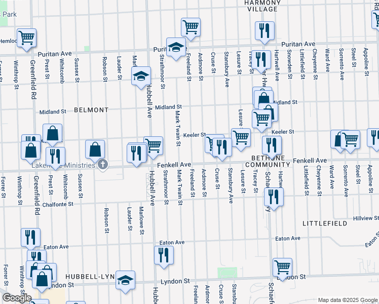 map of restaurants, bars, coffee shops, grocery stores, and more near in Detroit