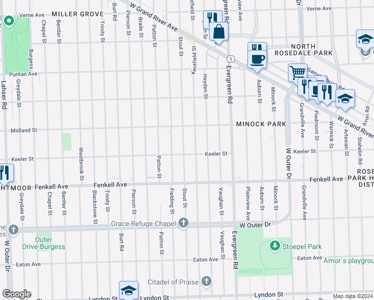 map of restaurants, bars, coffee shops, grocery stores, and more near 15410 Stout Street in Detroit