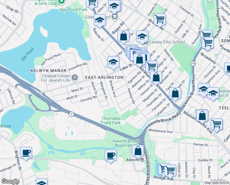 map of restaurants, bars, coffee shops, grocery stores, and more near 33 Brooks Avenue in Arlington