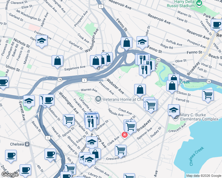 map of restaurants, bars, coffee shops, grocery stores, and more near 40 Prescott Avenue in Chelsea