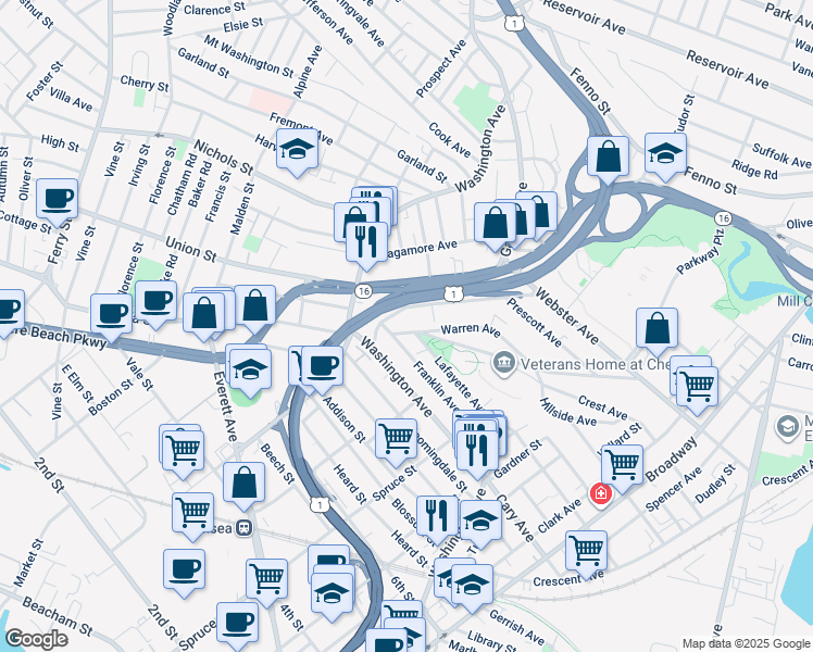 map of restaurants, bars, coffee shops, grocery stores, and more near 146 Franklin Avenue in Chelsea