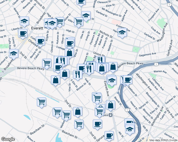 map of restaurants, bars, coffee shops, grocery stores, and more near 1744 Massachusetts 16 in Everett