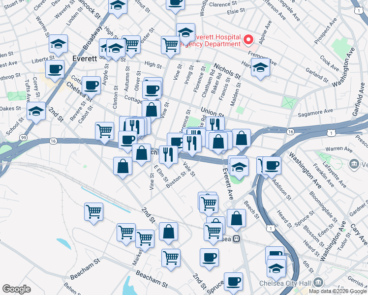 map of restaurants, bars, coffee shops, grocery stores, and more near 1744 Massachusetts 16 in Everett
