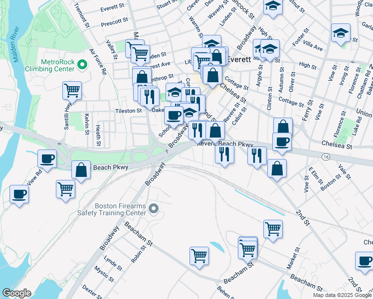 map of restaurants, bars, coffee shops, grocery stores, and more near 37 Paris Street in Everett