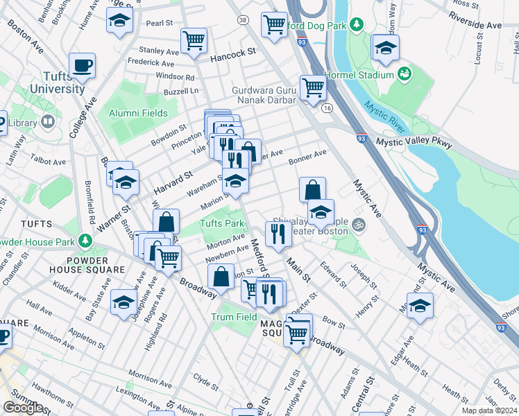 map of restaurants, bars, coffee shops, grocery stores, and more near in Medford