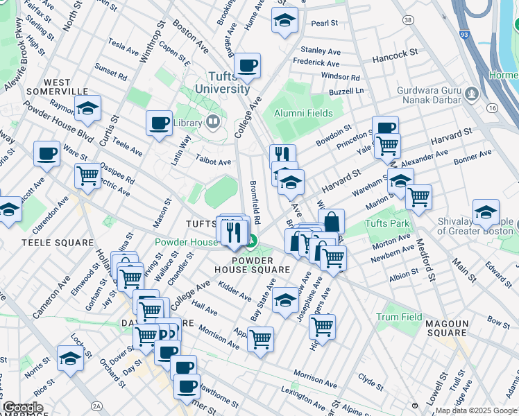 map of restaurants, bars, coffee shops, grocery stores, and more near 153 College Avenue in Somerville