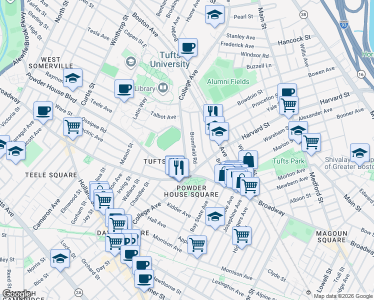 map of restaurants, bars, coffee shops, grocery stores, and more near 153 College Avenue in Somerville