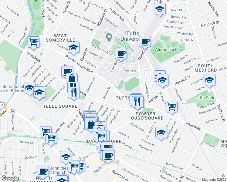 map of restaurants, bars, coffee shops, grocery stores, and more near 27 Burnham Street in Somerville