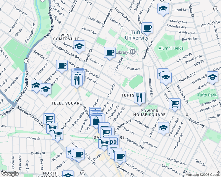 map of restaurants, bars, coffee shops, grocery stores, and more near 2 Whitman Street in Somerville