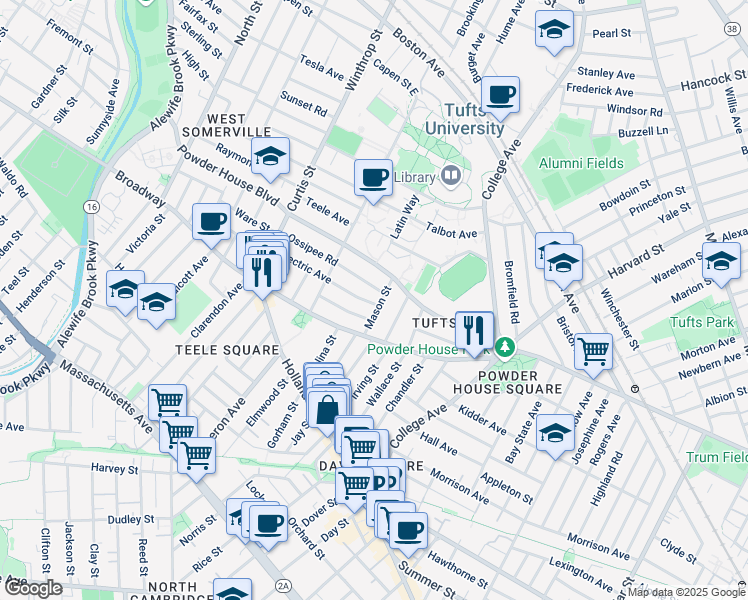 map of restaurants, bars, coffee shops, grocery stores, and more near 2 Whitman Street in Somerville