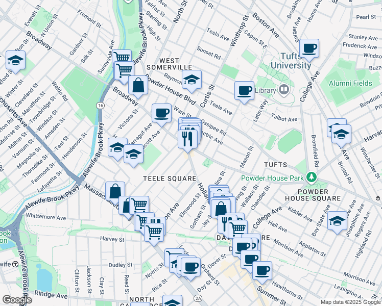 map of restaurants, bars, coffee shops, grocery stores, and more near 12 Moore Street in Somerville
