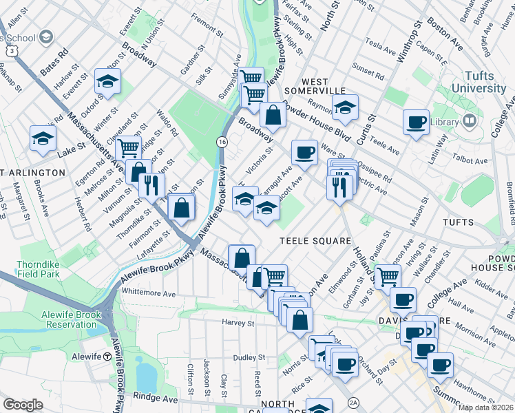 map of restaurants, bars, coffee shops, grocery stores, and more near 1 Matignon Road in Cambridge
