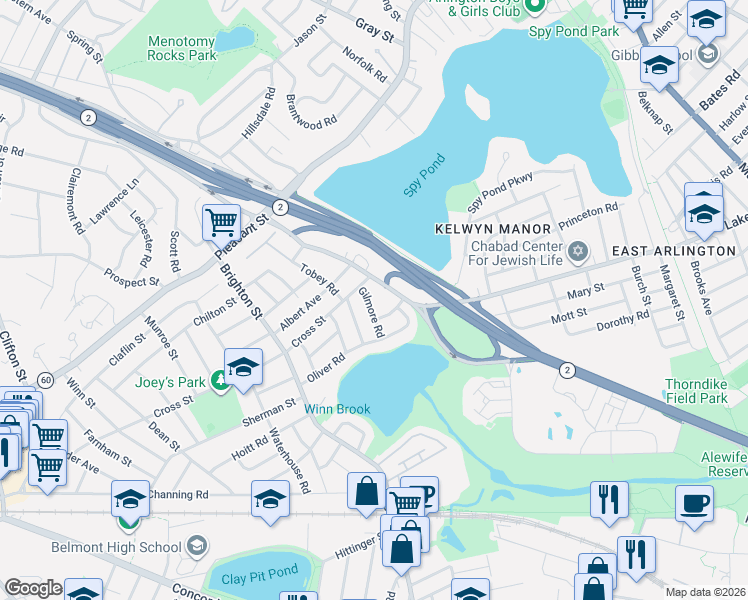 map of restaurants, bars, coffee shops, grocery stores, and more near 20 Little Pond Road in Belmont