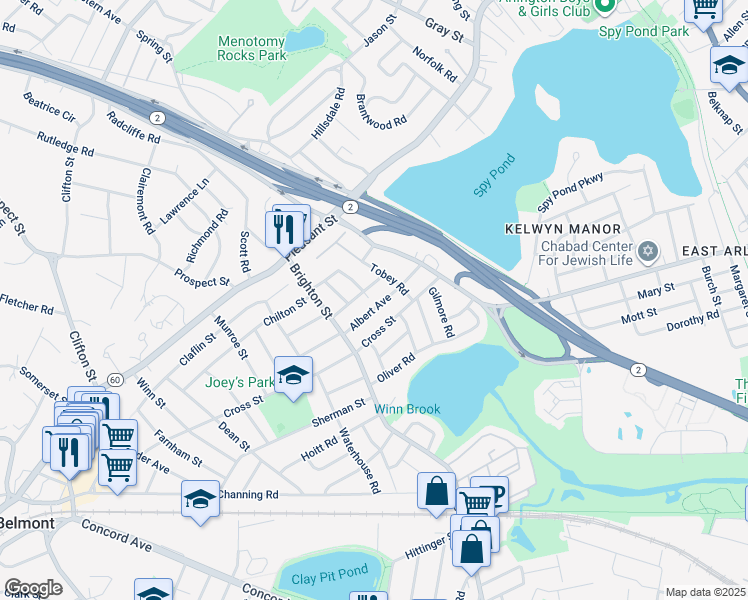 map of restaurants, bars, coffee shops, grocery stores, and more near 70 Albert Avenue in Belmont
