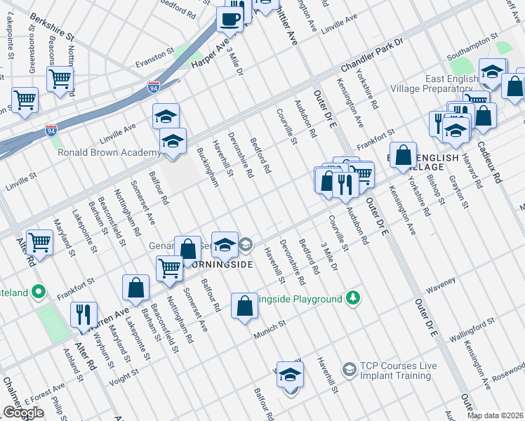 map of restaurants, bars, coffee shops, grocery stores, and more near 5027 Devonshire Road in Detroit