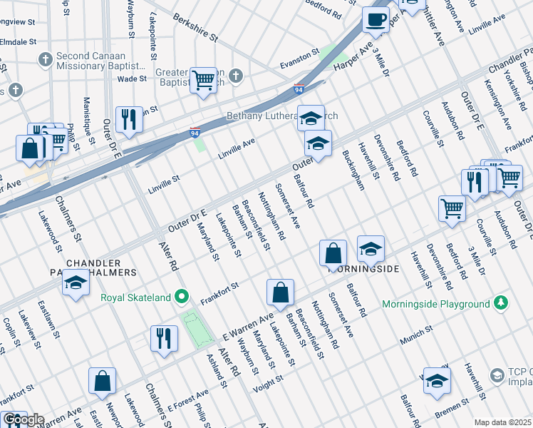 map of restaurants, bars, coffee shops, grocery stores, and more near 5314 Beaconsfield Street in Detroit