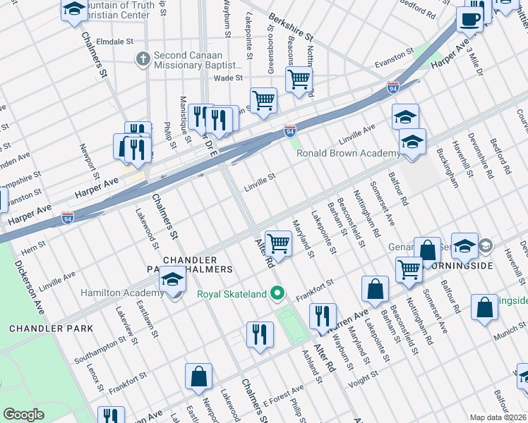 map of restaurants, bars, coffee shops, grocery stores, and more near in Detroit