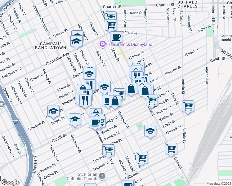 map of restaurants, bars, coffee shops, grocery stores, and more near 11350 Gallagher Street in Hamtramck