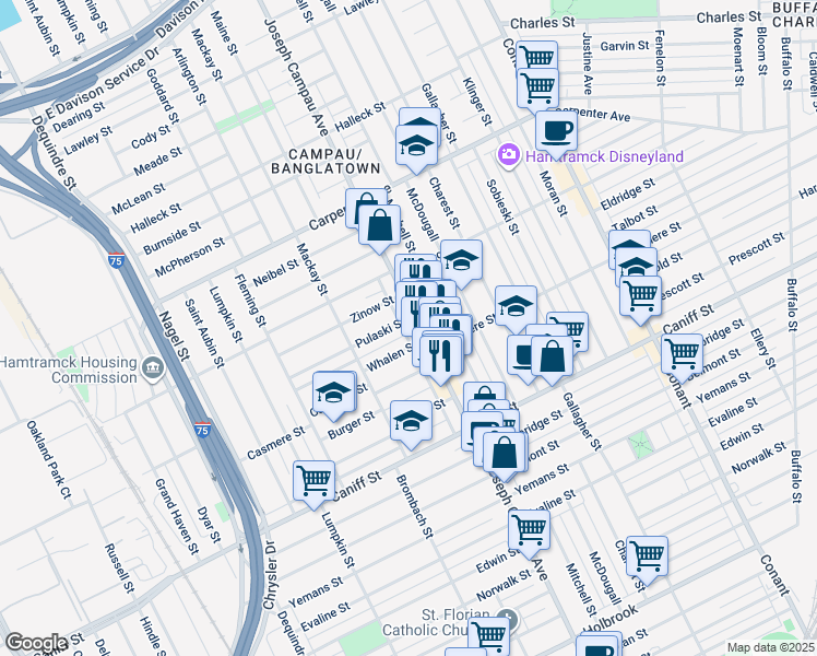 map of restaurants, bars, coffee shops, grocery stores, and more near 2682 Whalen Street in Hamtramck