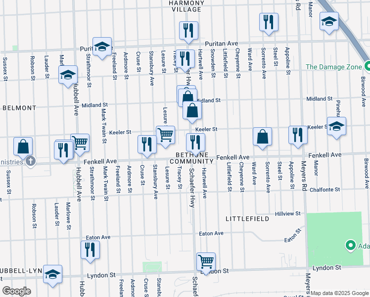 map of restaurants, bars, coffee shops, grocery stores, and more near 13601 Fenkell Avenue in Detroit
