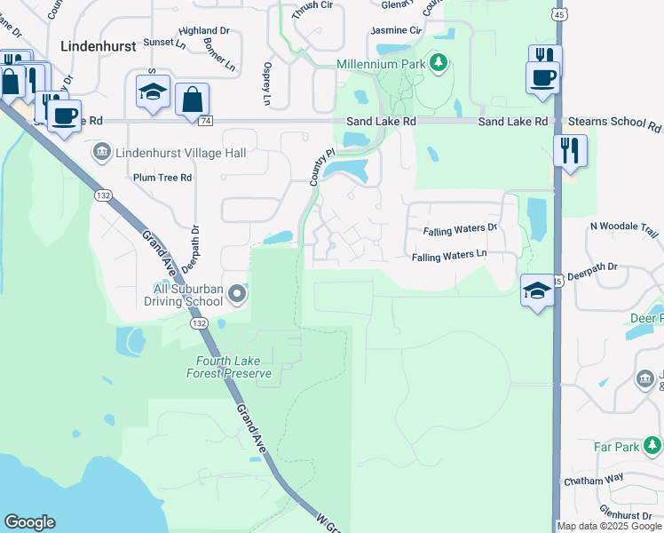 map of restaurants, bars, coffee shops, grocery stores, and more near 19595 Sand Piper Drive in Lake Villa