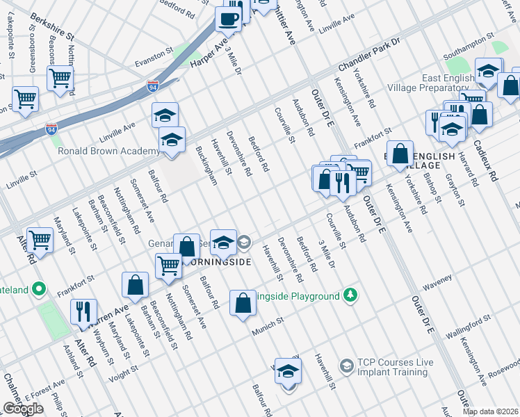 map of restaurants, bars, coffee shops, grocery stores, and more near 5027 Devonshire Road in Detroit