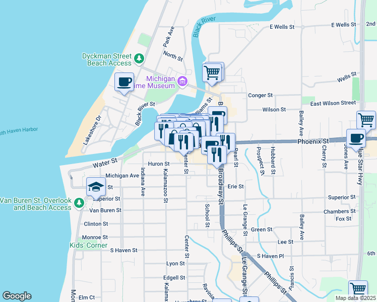 map of restaurants, bars, coffee shops, grocery stores, and more near 422 Eagle Street in South Haven
