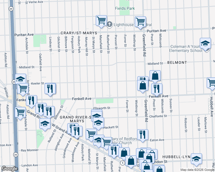 map of restaurants, bars, coffee shops, grocery stores, and more near 15326 Mansfield Street in Detroit