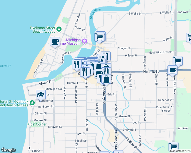 map of restaurants, bars, coffee shops, grocery stores, and more near 534 Phoenix Street in South Haven