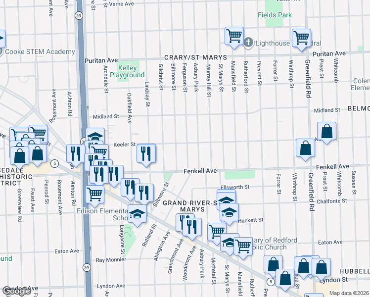 map of restaurants, bars, coffee shops, grocery stores, and more near 15365 Ferguson Street in Detroit
