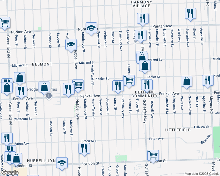 map of restaurants, bars, coffee shops, grocery stores, and more near 15348 Ardmore Street in Detroit