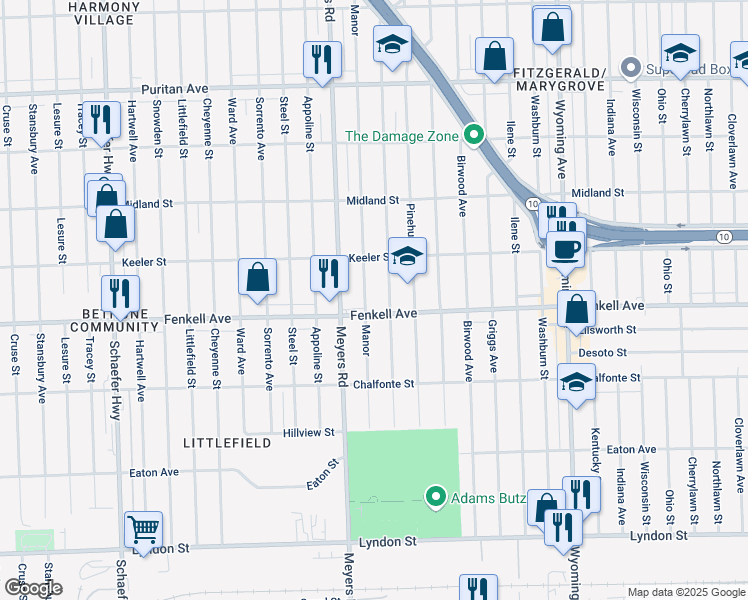 map of restaurants, bars, coffee shops, grocery stores, and more near 10717 Fenkell Avenue in Detroit