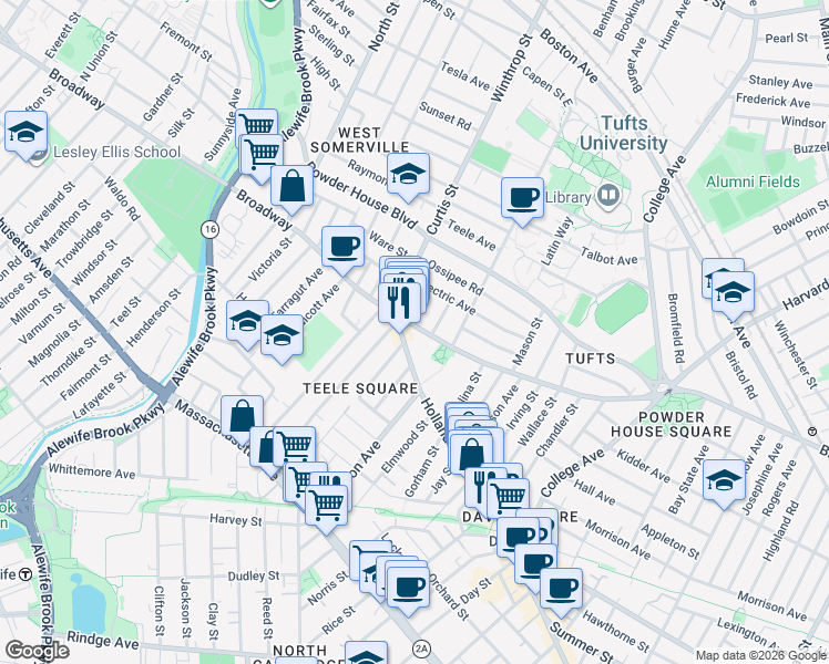 map of restaurants, bars, coffee shops, grocery stores, and more near 12 Moore Street in Somerville