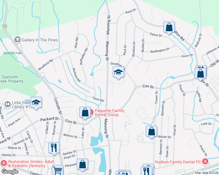 map of restaurants, bars, coffee shops, grocery stores, and more near 174 Manning Street in Hudson
