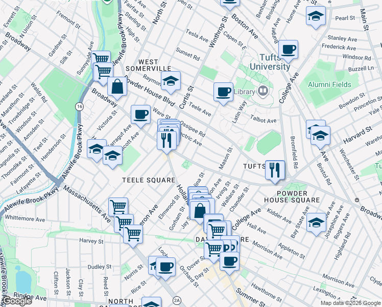 map of restaurants, bars, coffee shops, grocery stores, and more near 22 Lovell Street in Somerville