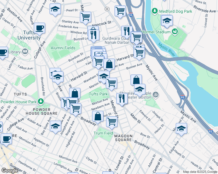 map of restaurants, bars, coffee shops, grocery stores, and more near 21 Mayberry Avenue in Medford