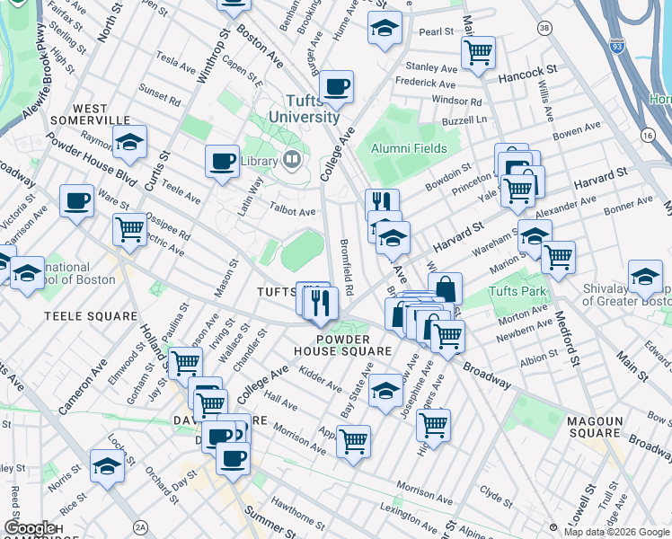 map of restaurants, bars, coffee shops, grocery stores, and more near 66 Bromfield Road in Somerville