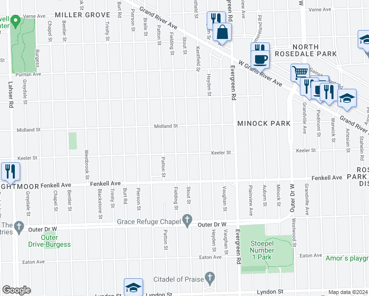 map of restaurants, bars, coffee shops, grocery stores, and more near 15421 Stout Street in Detroit