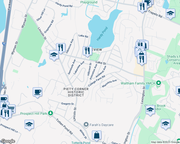 map of restaurants, bars, coffee shops, grocery stores, and more near 67 Hillcrest Street in Waltham